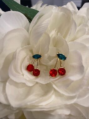 Gold tone Cherry Drop Earrings with Red and Green leaf Stones